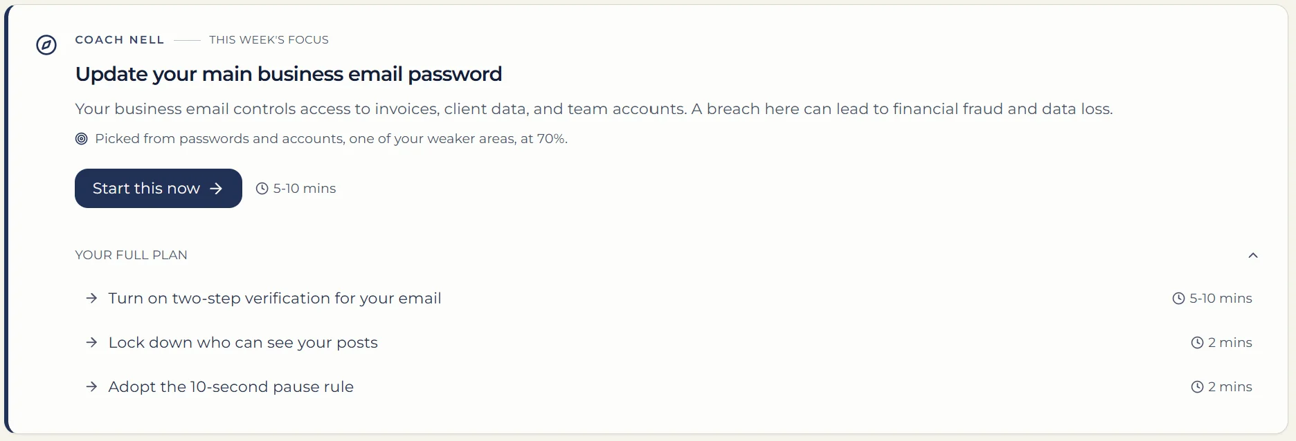 Coach Nell's card showing this week's focus, update your main business email password, five to ten minutes, with the rest of the plan underneath.