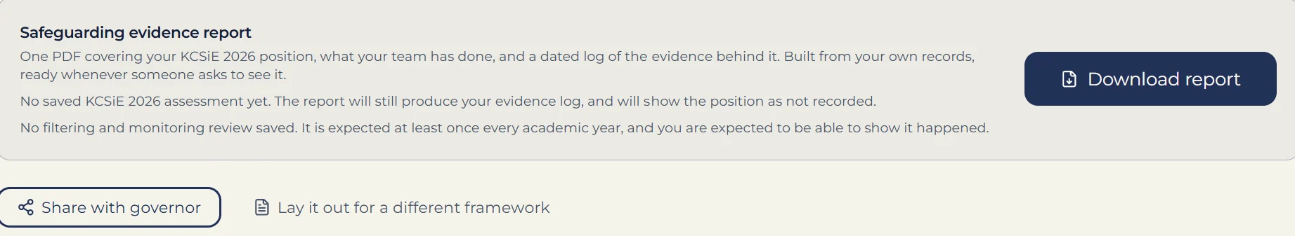 The safeguarding evidence report panel, with a download button, an option to share with a governor, and an option to lay it out for a different framework.